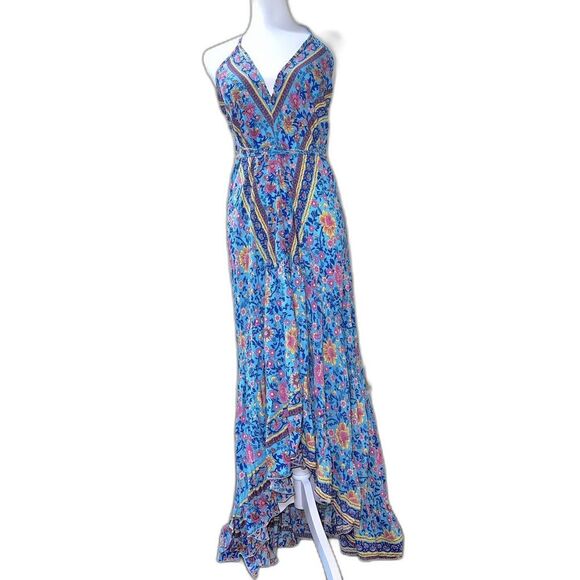 Boho Maxi Dress Blue Floral Flowy Halter Deep V Open Back Hi-Low Ruffle Gypsy - Picture 3 of 8